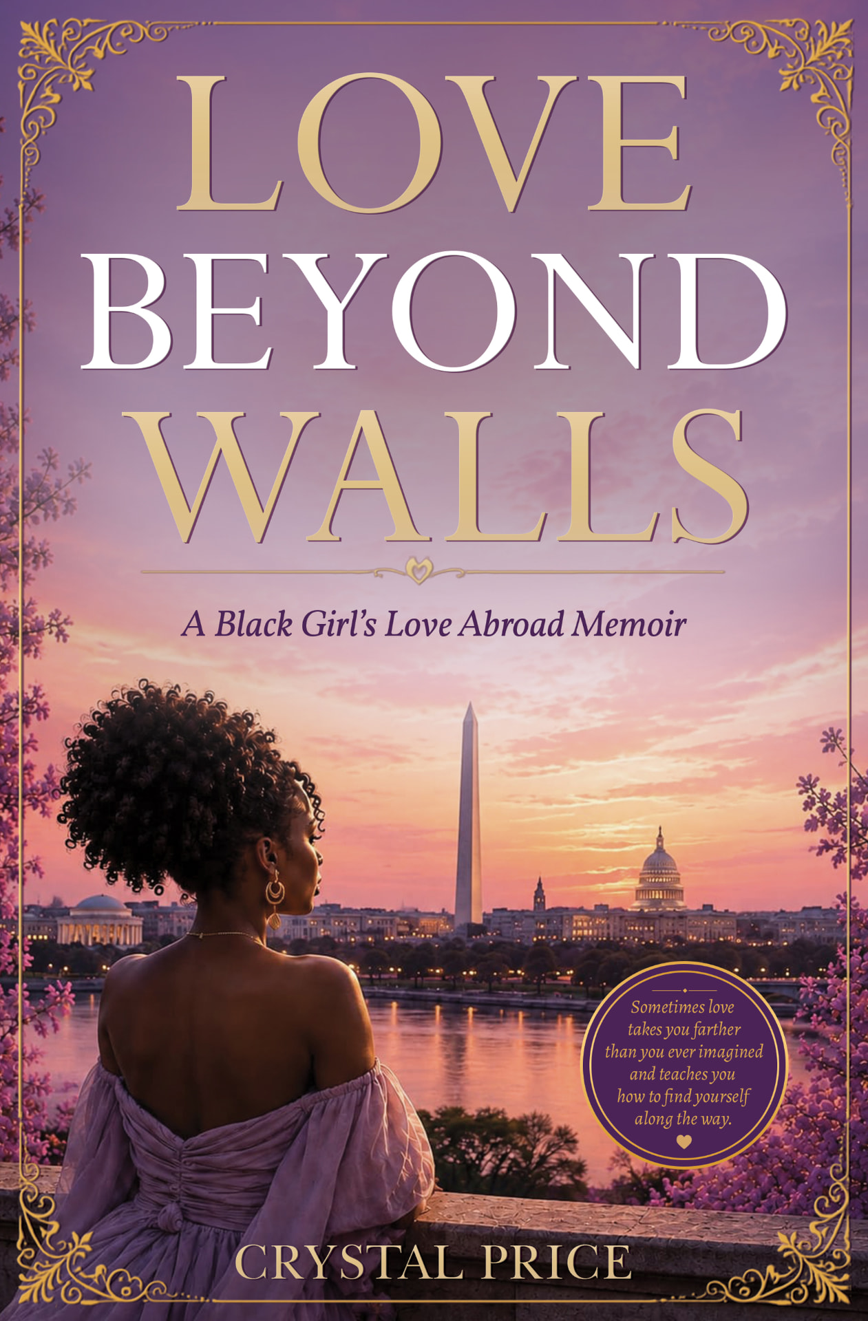 Love Beyond Walls book cover: a woman looking out over the Washington DC skyline at sunset